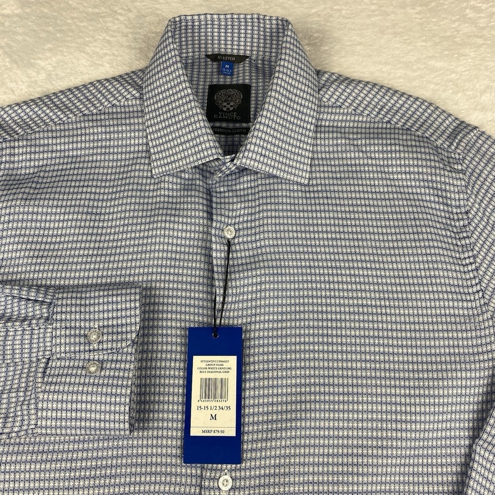 Vince Camuto Shirt Mens Medium 15.5-34/35 Blue Check Weave Stretch NWT!